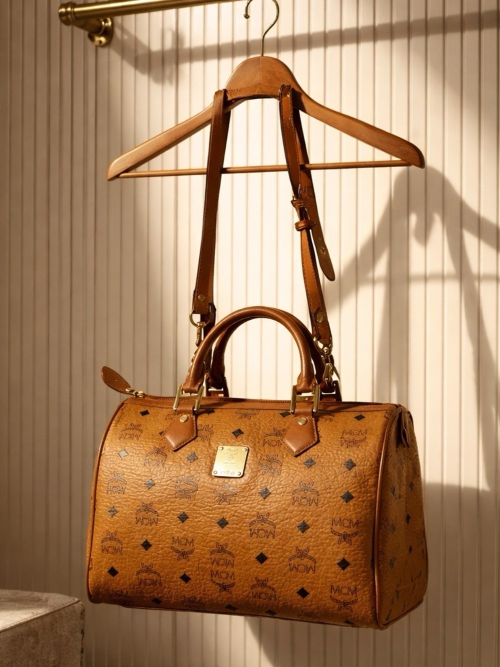 MCM Visetos Boston Bag in Cognac
